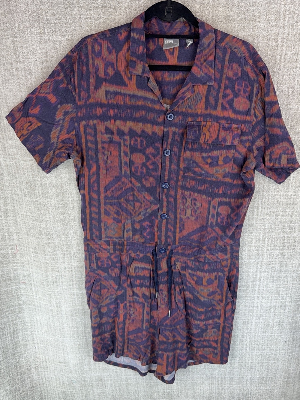 ASOS Bermuda Shirts Suit Mens 34 Purple Geometric Viscose Drawstring Relaxed